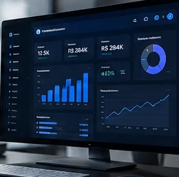 Monitor com dashboard de indicadores de vendas e gráficos