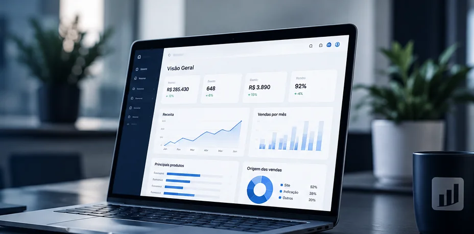Notebook exibindo um dashboard gerencial com indicadores de receita e vendas