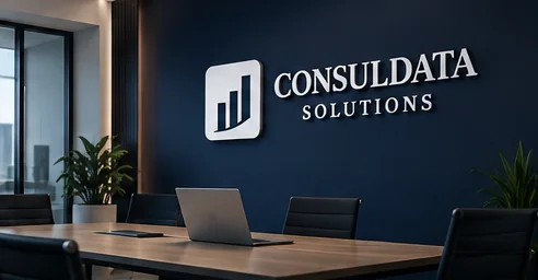 Sala de reuniões com o logotipo da Consuldata Solutions na parede